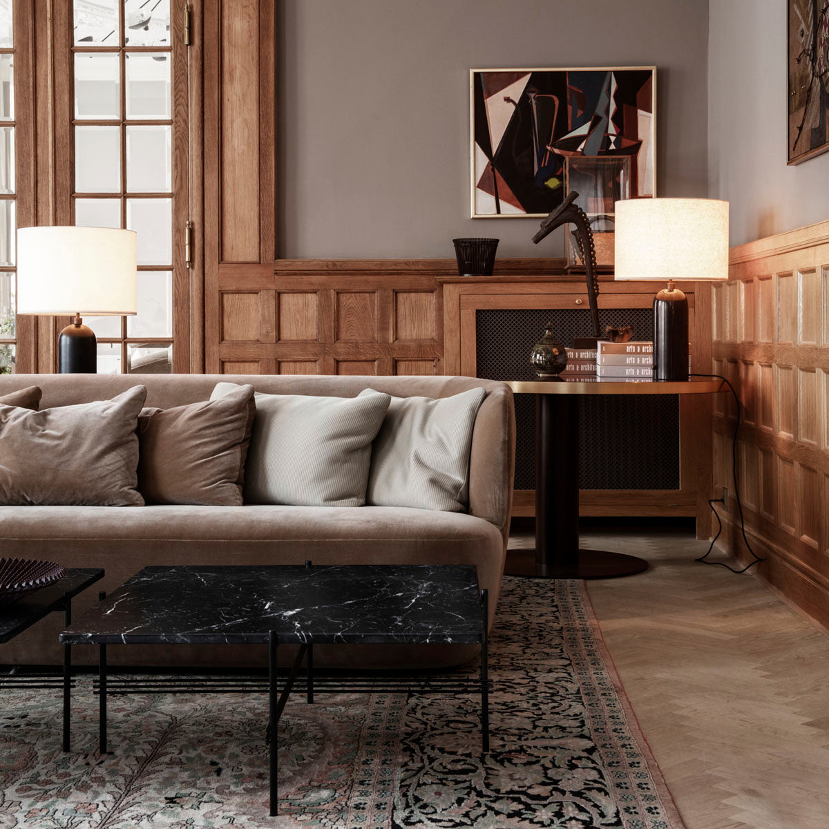 GUBI Gravity Table Lamp Small Black Marble Canvas Shade