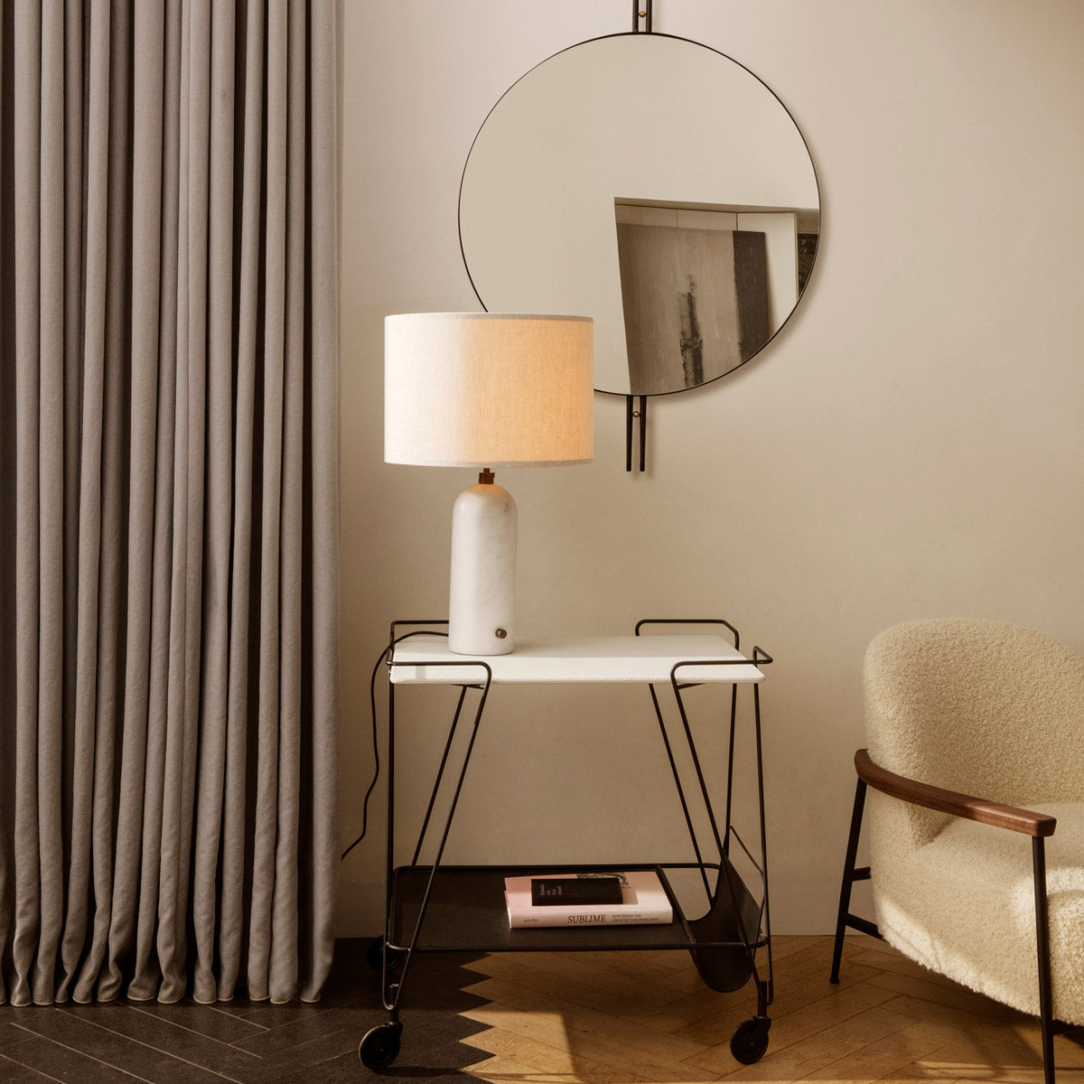 GUBI Gravity Table Lamp Small White Marble Canvas Shade