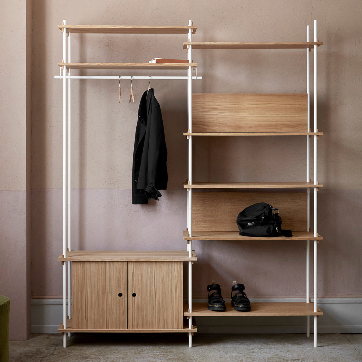 Shelving System Double H200 With Wardrobe White-Oak